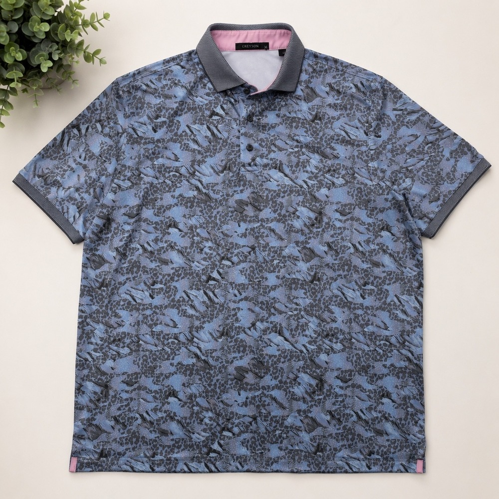 Greyson Polo Shirt Mens XL Blue Grey Abstract Print Performance Golf Luxury Wolf